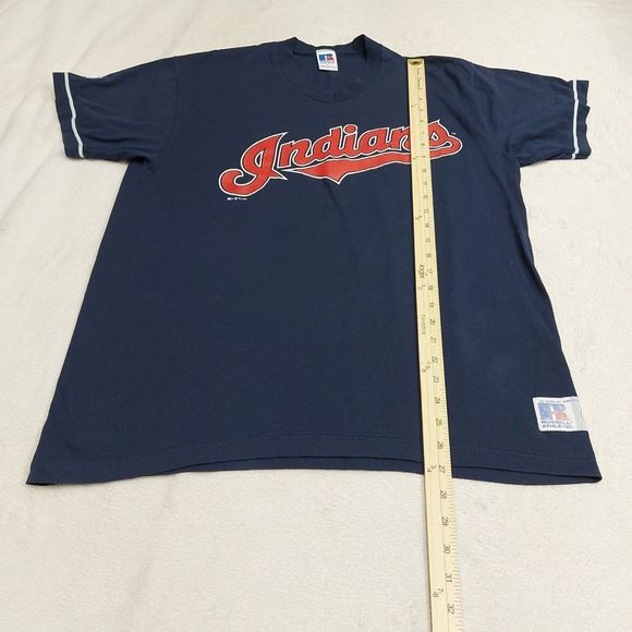 Vtg 90s Russell Athletic Cleveland Indians Navy Blue V-Neck T-Shirt Size Large - Picture 8 of 9